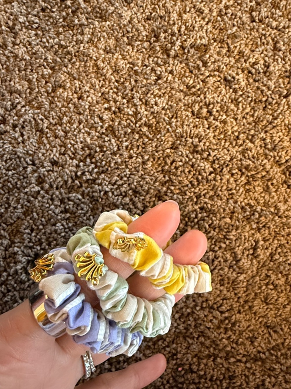 3 NWOT Lele Sadoughi striped yellow green lilac thin scrunchie set